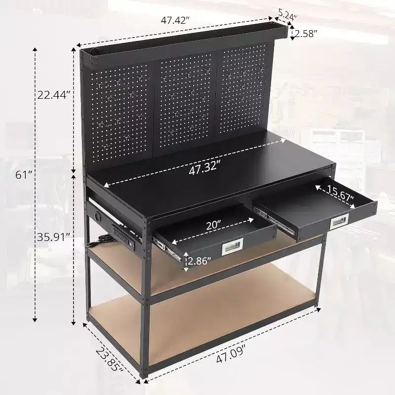 Acekool 48 Adjustable Workbench, 3-Tier Heavy-Duty Work Table with Power Outlets, Drawer & Pegboard, 880 lbs Load, for Garage Office Workshop