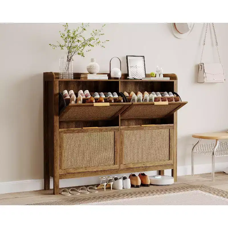 47 Farmhouse Rattan Shoe Cabinet,Boho Entryway Organizer with 4 Flip-Drawers, Adjustable Shelves & Hidden Handles,Freestanding Narrow Shoe Rack