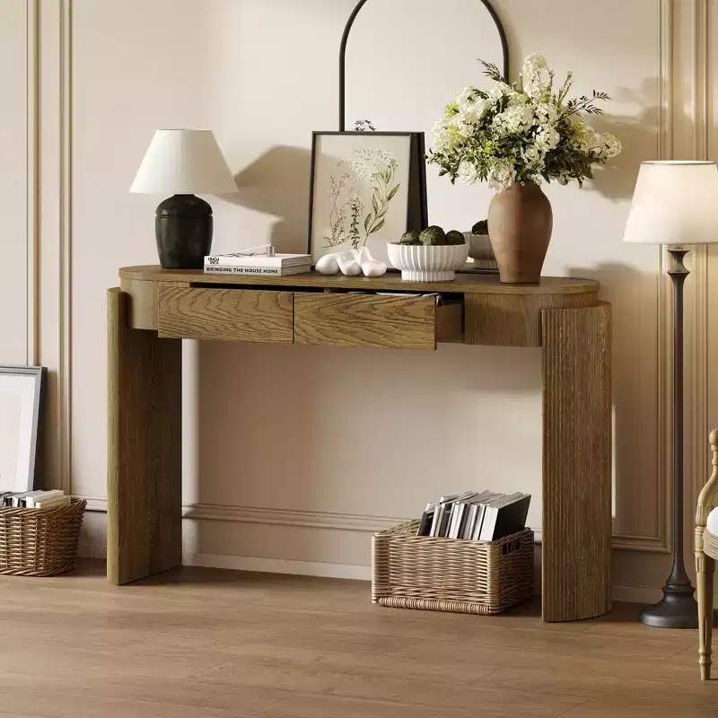 MAYEERTY Console Table with Natural Wood Grain Finish Fluted Design Oval Top and 2 Drawers for Entryway and Living Room Pine Wood