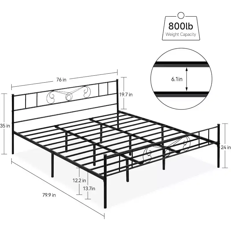 King Size Metal Bed Frame with Headboard and Steel Slat Support with 13.7 Storage No Box Spring Needed Easy Assembly