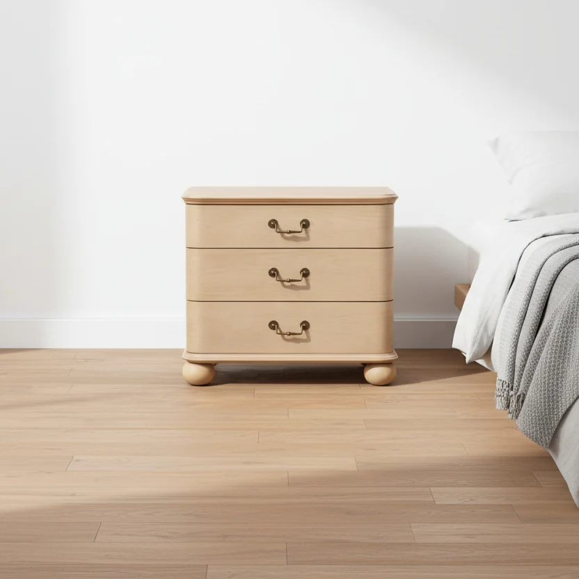 Traditional Birch Veneer Nightstand with Brass Hardware & Bun Feet for Bedroom