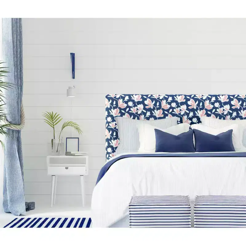 French Seam Ottoman in Nautical Stripe Navy: Modern Footstool, No Assembly, Wood Frame