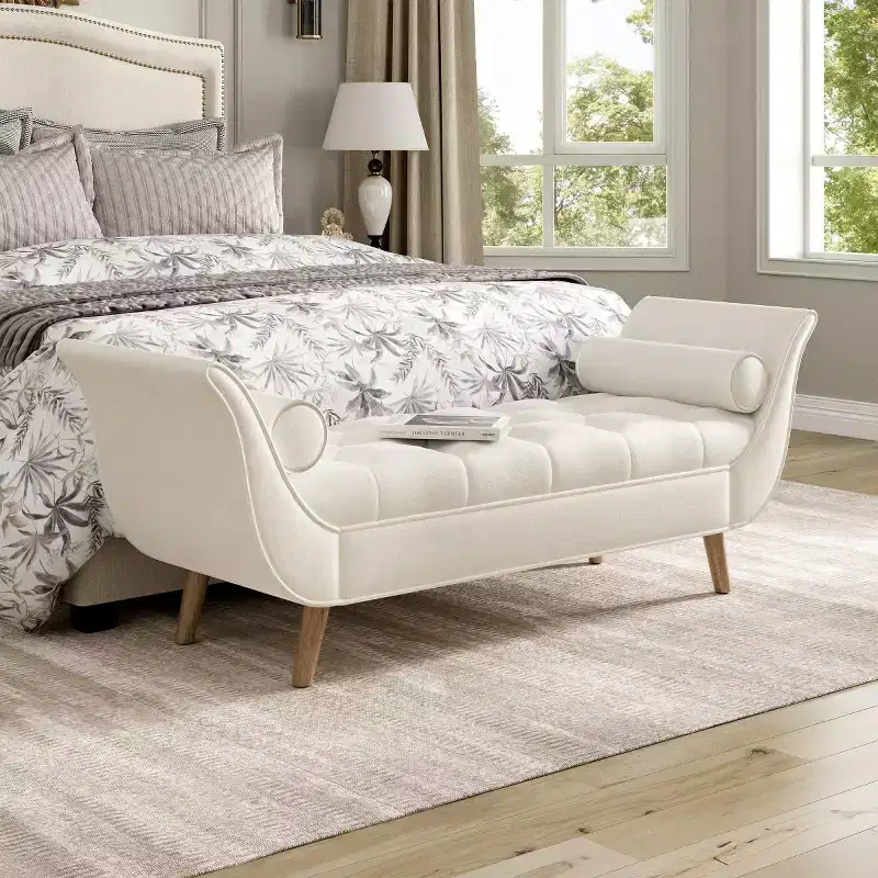 Modern Velvet End of Bed Bench for Bedroom, Button Tufted Bedroom Bench Seat with Solid Wood Legs for Living Room or Entryway-Panipeachy