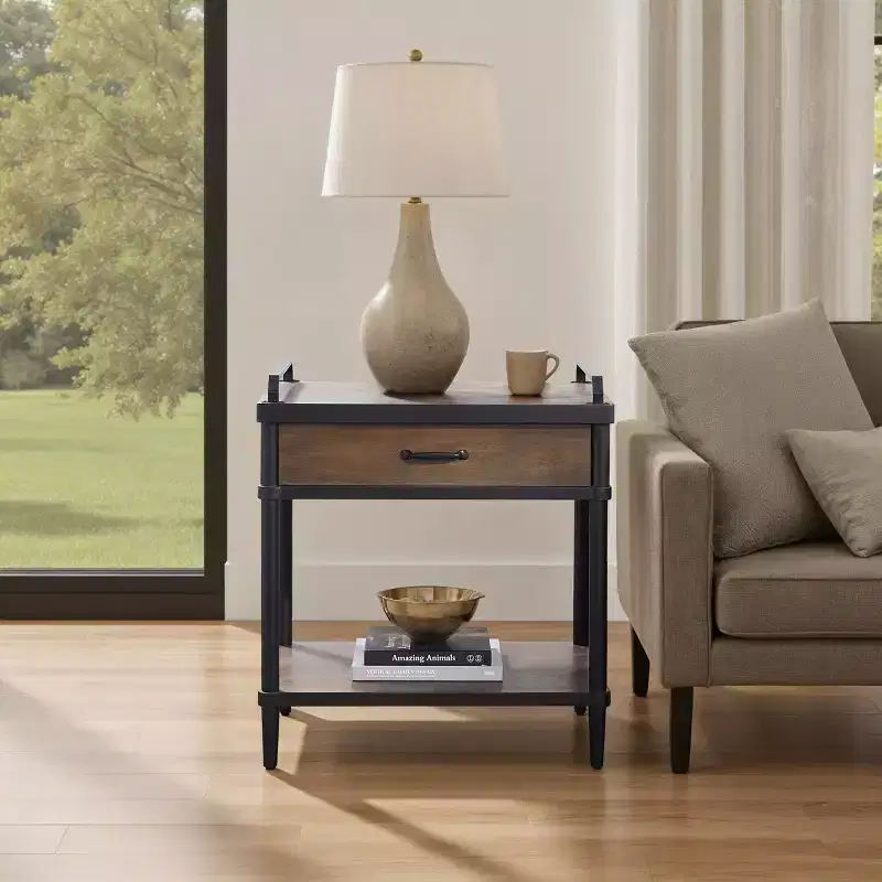 Art Leon Wood Storage End Table with Drawer and Open Shelf