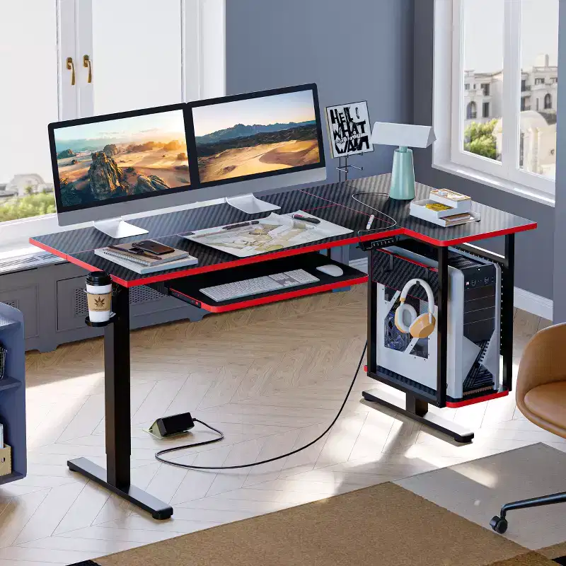 Bestier 57 Standing Computer Desk, Height Adjustable Desk with Keyboard Tray & Host Shelf for Home Office, L-Shaped Gaming Desk with Pegboard