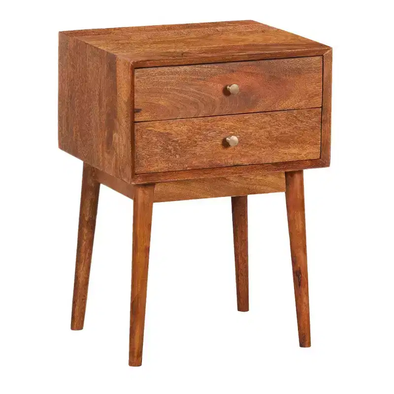 Royal Hampton Bedside Nightstand Table with 2 Drawers and Brass Knobs, Mango Wood Construction