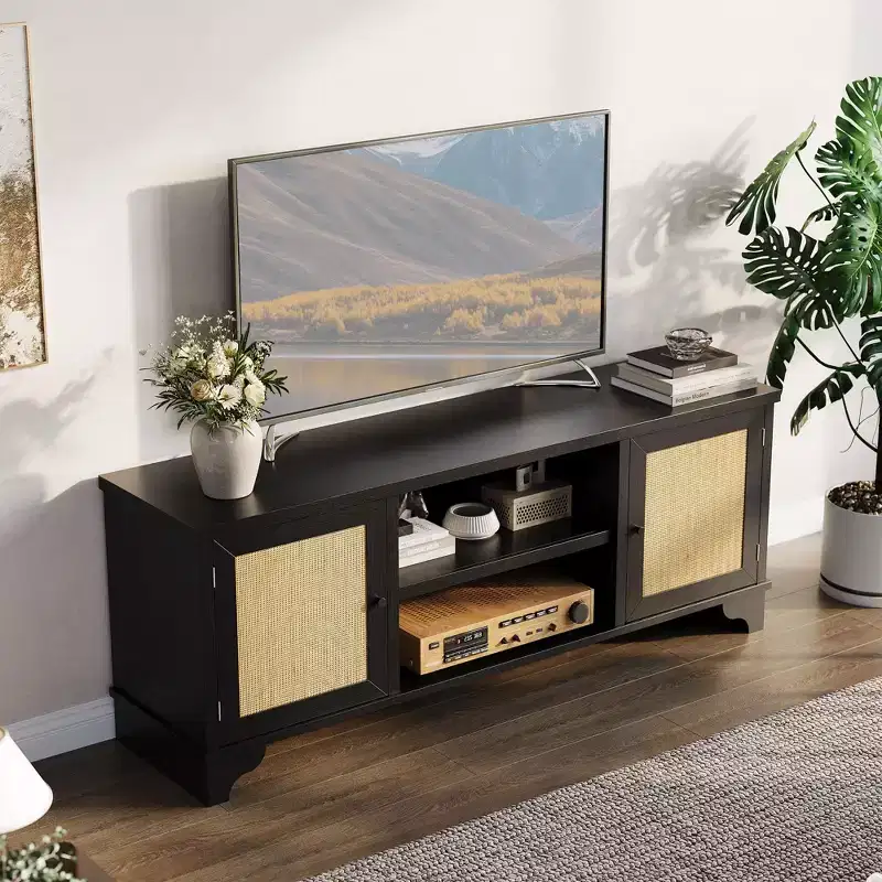 Rattan TV Stand with Cabinets and Open Shelves, Fits TVs Up to 70 Inches