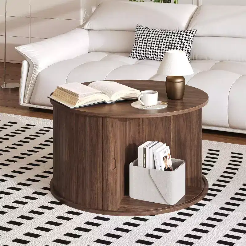 28 Round Mid Century Modern Coffee Table with Storage, Fluted Accent Table with Sliding Tambour Door for Living Room