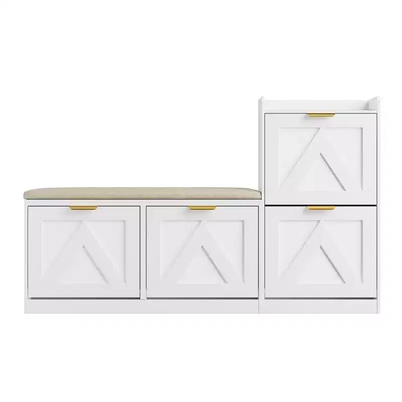 Shoe Storage Bench with 5 Flip Drawers & Tiered Shelf, 18-Pair Shoe Cabinet Organizer with Cushioned Seat, Narrow Entryway Shoe Rack for Hallway