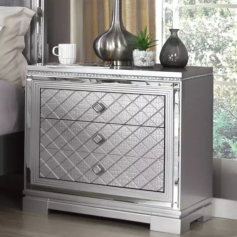 Glam Silver Nightstand with 2 Drawers, Hidden Drawer & Built-In USB Charger