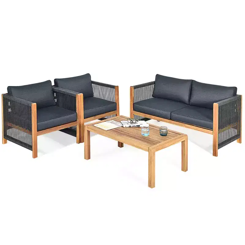 Costway 4PCS Wooden Patio Furniture Set Cushioned Sofa W/Rope Armrest White\Turquoise\Red