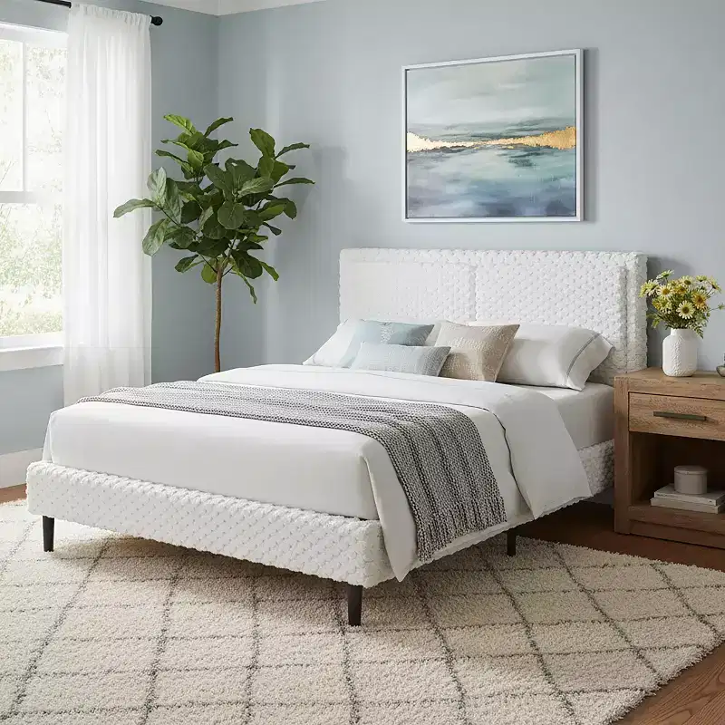White Plush Upholstered Bed Frame with Soft Dual-Zone Backrest, Rounded Edges and Quiet Stable Support for Cozy Bedrooms, Queen