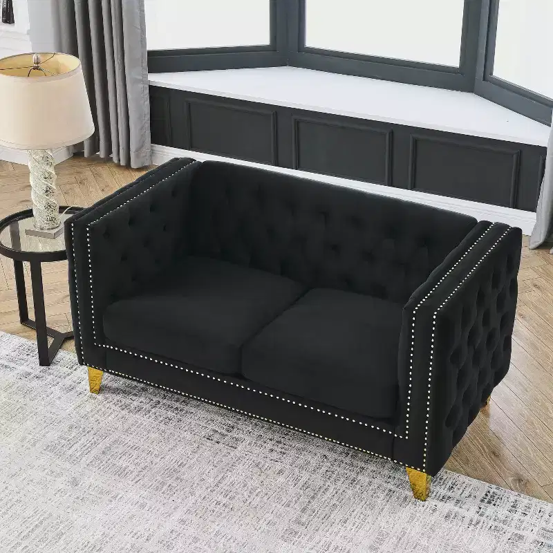 Button-Tufted Velvet 2-Seater Sofa with Square Arms & Metal Legs, Nailhead Trim