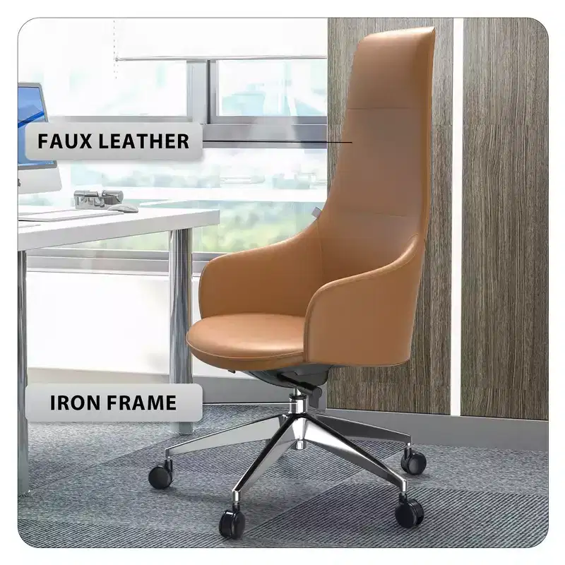 LeisureMod Celeste High-Back Leather Office Chair with Headrest - Modern Iron Frame Swivel & Tilt Executive Desk Chair