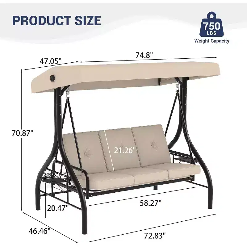 2-in-1 Convertible 3-Seat Outdoor Swing Chair with Adjustable Canopy,Patio Swing Bed with Stand,Thick Cushions&Cup Holders,for Backyard,Garden,Porch