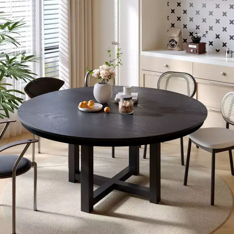 PexFix 59 x 59 Solid Wood Farmhouse Dining Table Round Wood Texture Top with Cross X Base for Modern Dining Rooms & Family Gatherings Black