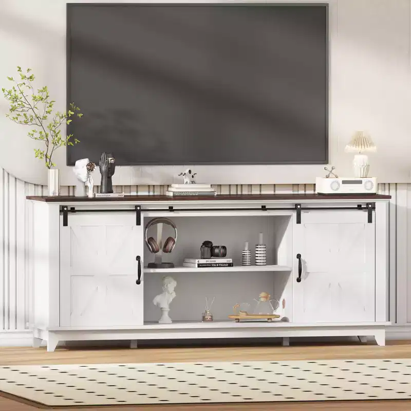 Modern Farmhouse TV Stand for 75 Inch TV - Entertainment Console Table with Sliding Barn Doors - Storage Cabinets for Living Room - 66 Inch
