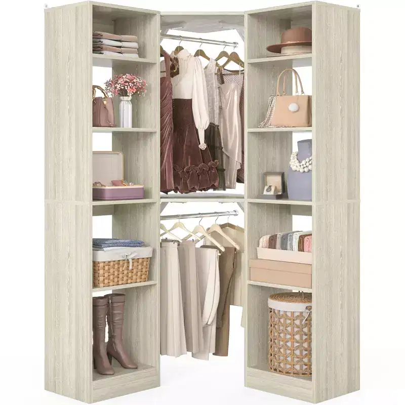 Beige Oak / Black / Gray / White Corner Open Wardrobe Organizer with 12 Shelves, Single-Person Use
