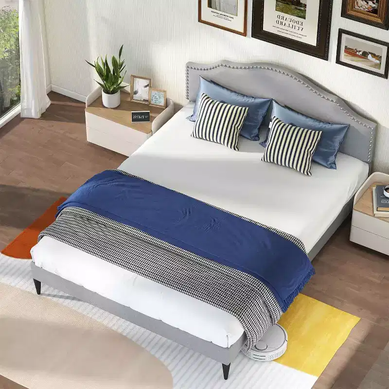 BestMassage Upholstered Platform Bed Frame with Headboard Fabric Mattress Foundation No Box Spring Needed(Grey, Queen)