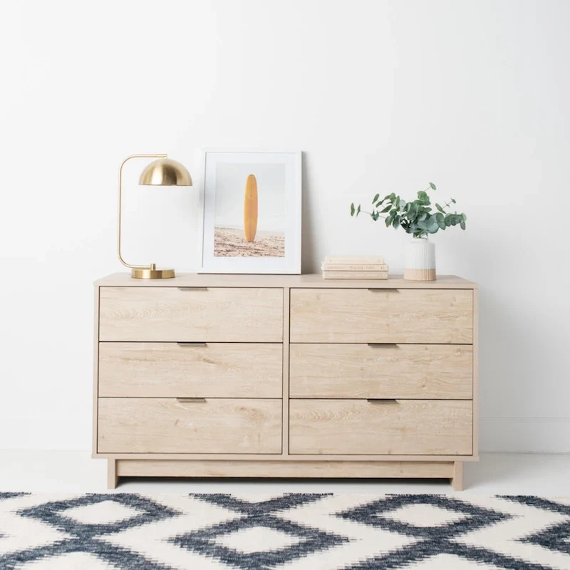 Natural / Natural Brown Woodgrain Laminate Dresser with Smooth-Glide Drawers, 5-Drawer or 6-Drawer for 1 Person