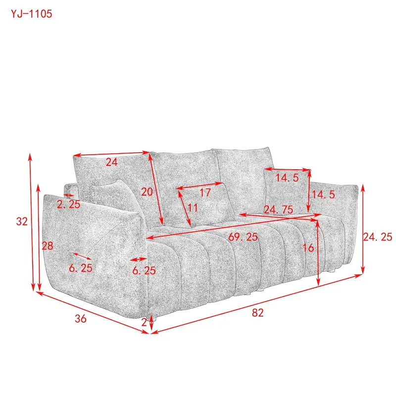 Green 82 Teddy Upholstered 3-Seater Sofa with 3 Back Pillows and Solid Wood Frame