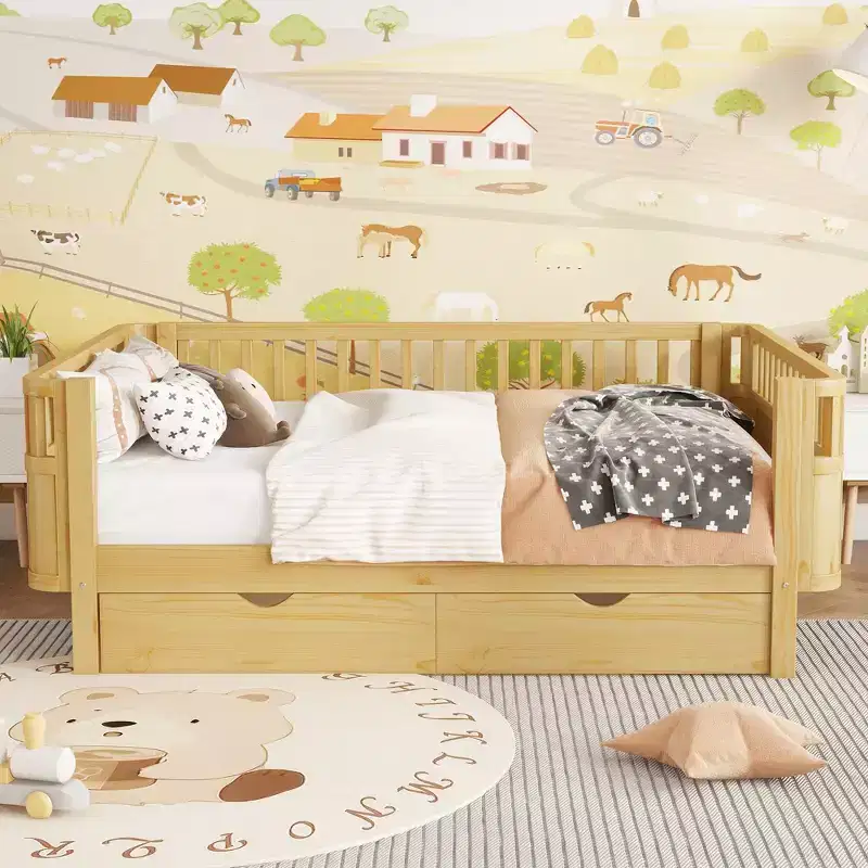 Full Size Wood Platform Bed for Kids, Wood Low Profile Full Bed with Rails for Girls and Boys, Natural