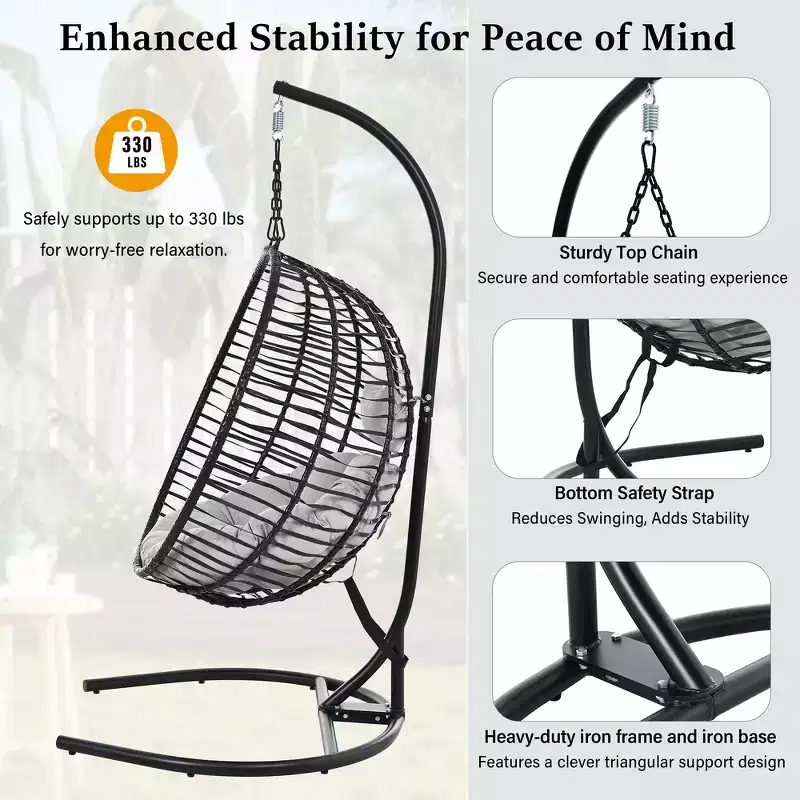 Whisen Single Person Folding Egg Chair with Stand, Hammock Swing Chair with Adjustable Anti-Slip Feet