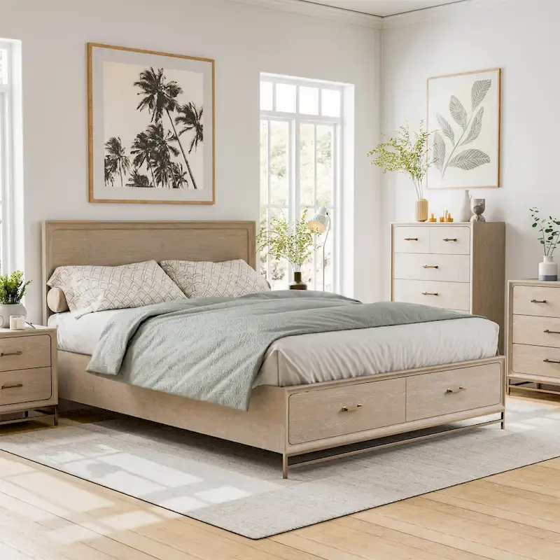 Drayden Transitional Solid Wood Platform Bed Frame with Footboard Drawers