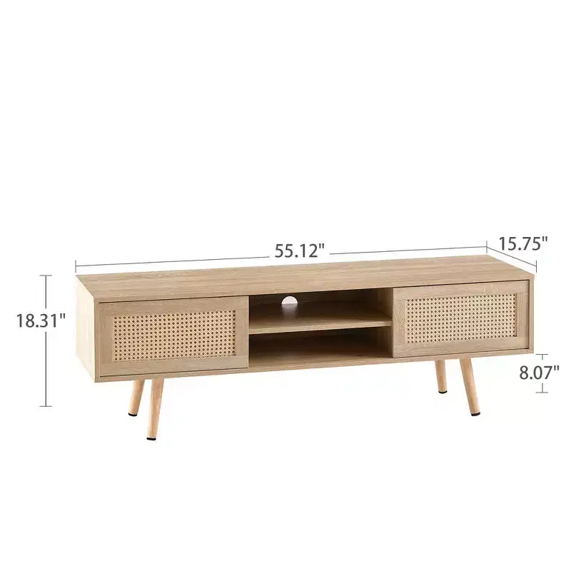 55.12 Rattan TV Cabinet TV Stand With Open Storage Shelves Double Sliding Doors Solid Wood Legs Media Console Table For Living Room Bedroom