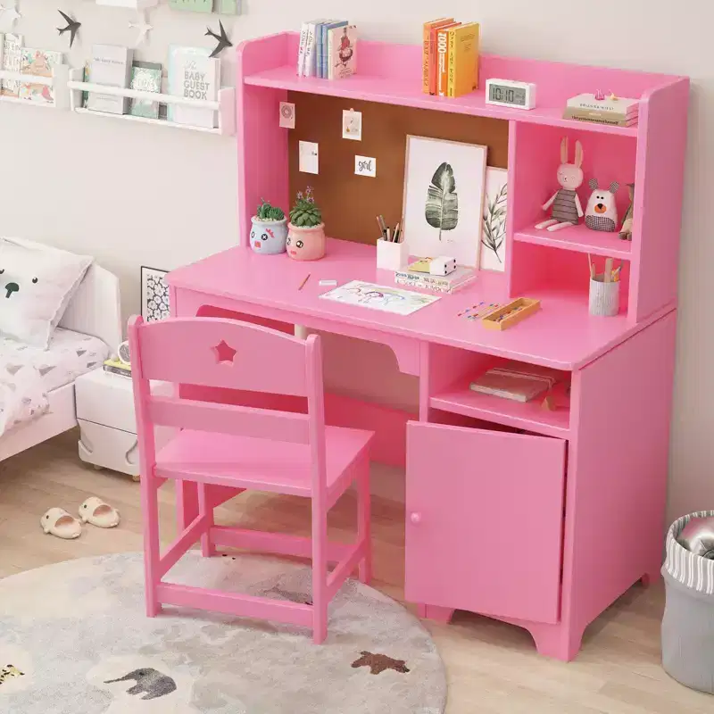 Modern Kids Desk and Chair Set with Storage Hutch, Wooden Study Table Workstation with Cabinet for Children's Room, Pink