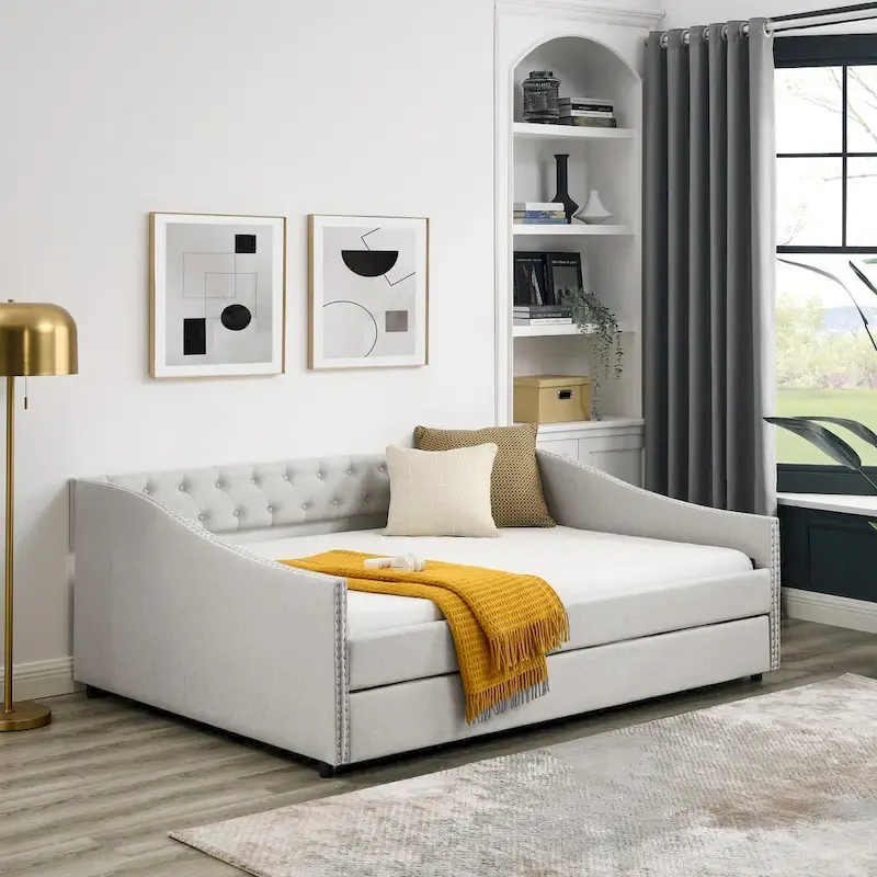 Upholstered Daybed Frame with Trundle & Tufted Backrest