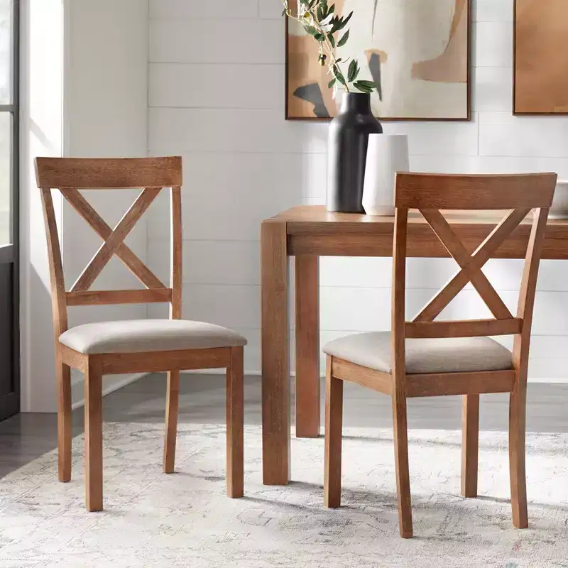 Verdon Farmhouse Solid Wood Cross Back Dining Chairs Driftwood: Solid Rubberwood, Beige Linen Seat, 250lb Capacity