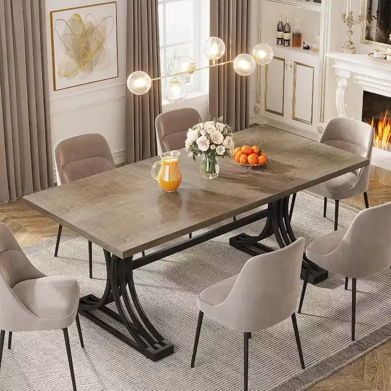 63-Inch Rectangular Dining Table for 4 to 6, Faux Marble Veneer Top with Golden Half-Moon Legs