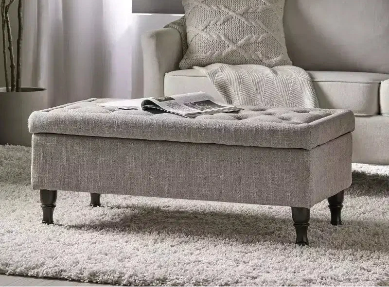 Tufted Storage Ottoman Bench with Spindle Wood Legs