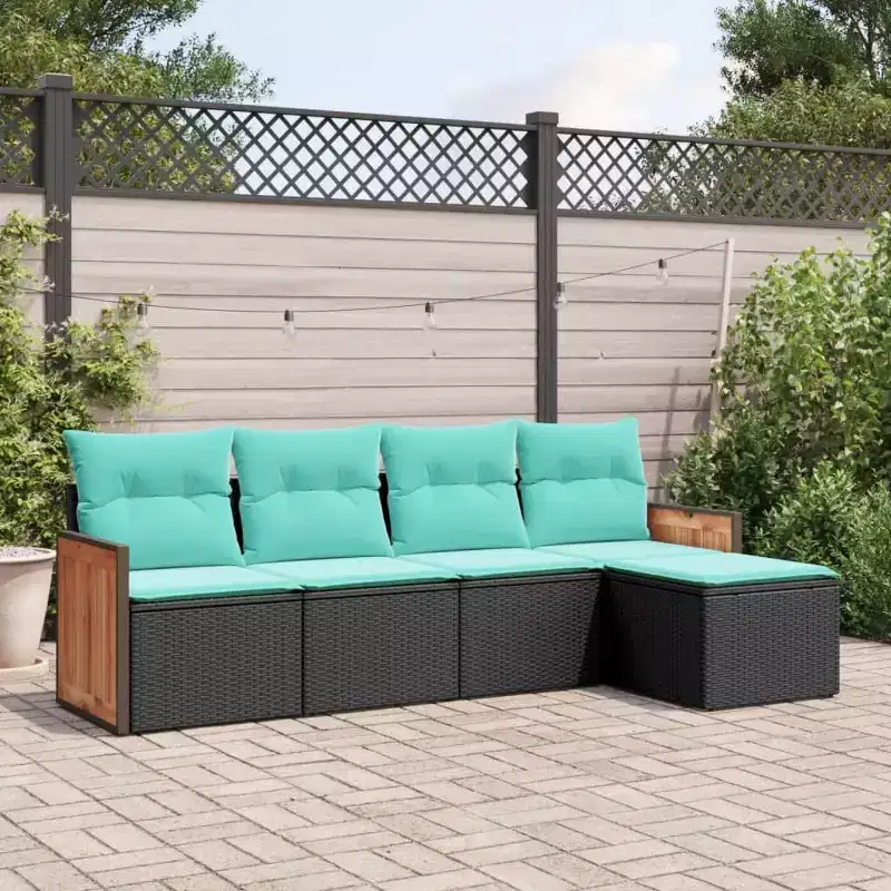 vidaXL Patio Sofa Set Black sofa with blue cushions