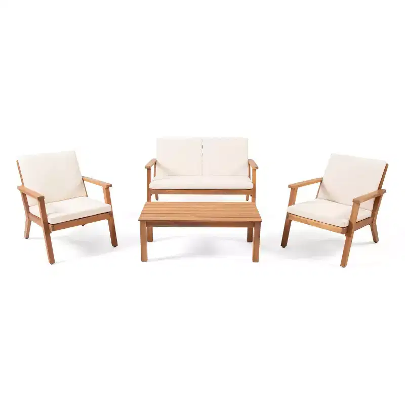 Temecula Outdoor Acacia Wood 4 Seater Chat Set with Cushions - Brown Patina/Cream - Christopher Knight Home