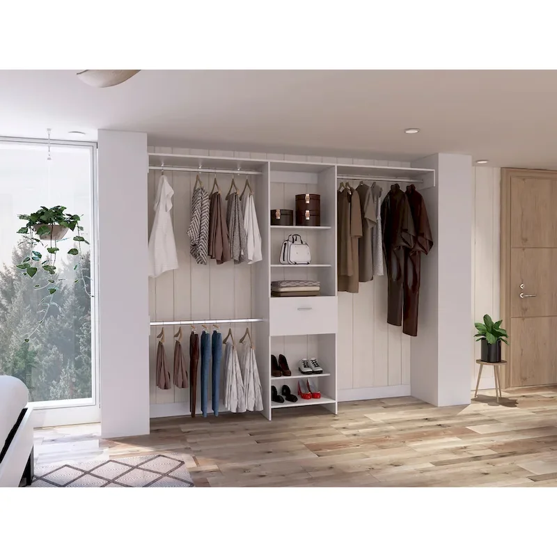 FM Furniture Cross Closet System with Drawer, 3 Metal Rods, and 5 Open Shelves
