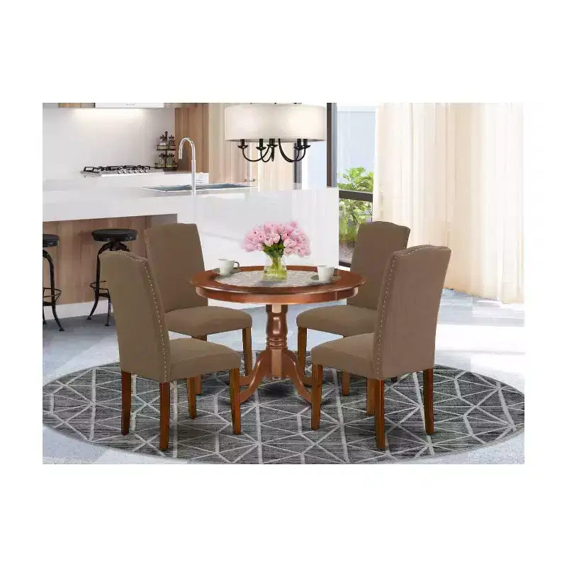 Round Dinette 5-Piece - 42 Inch Table & 4 Chairs - Linen Fabric - Dark Coffee Finish