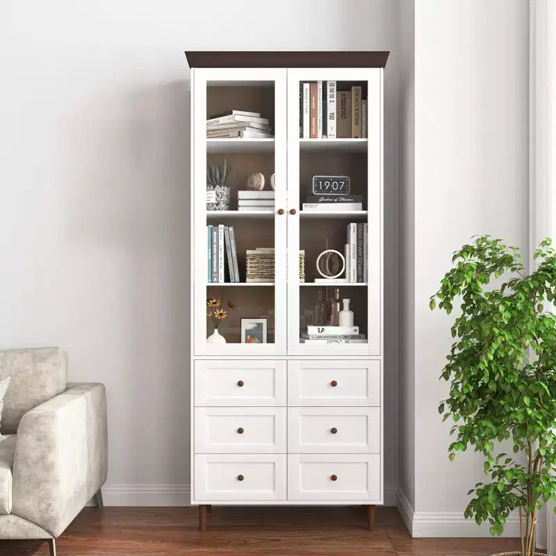 Farmhouse Kitchen Storage Cabinet with Glass Door and 2 Adjustable Shelves, Tall Pantry for Dining Room, Living Room, and Bathroom