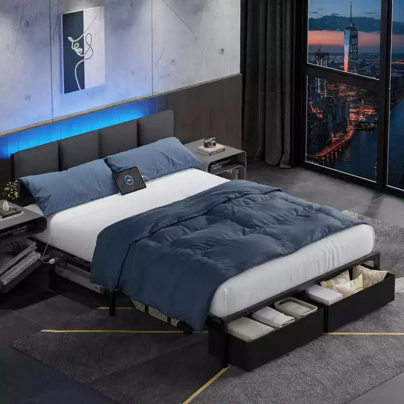 Grey Upholstered Queen Bed Frame with 2 Storage Drawers Adjustable Headboard LED Lights Charging Station Platform Metal Slats No Box Spring Needed