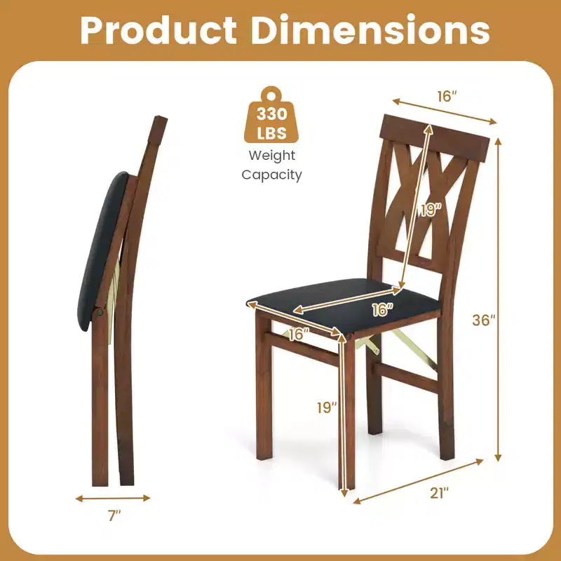 Costway Folding Kitchen Chairs Set of 2/4 with Rubber Wood Frame Padded Seat with PVC Leather White/Brown