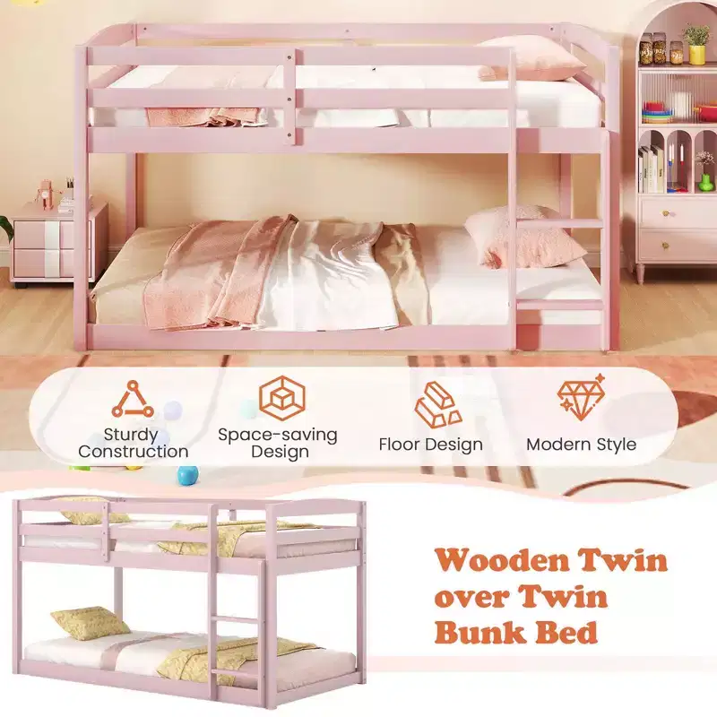 Costway Twin over Twin Low Bunk Bed with Guardrails Integrated Ladder Kids Wooden Grey/White/Beige/Pink