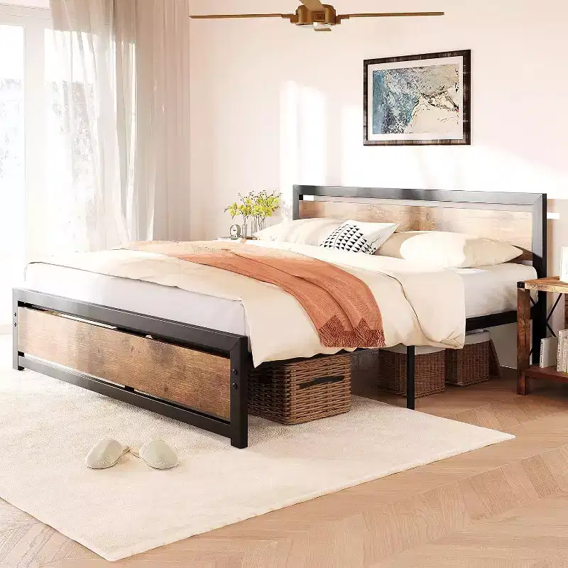 Queen Size Bed Frame, Industrial Queen Bed Platform with Headboard, Easy Assemble Mattress Bedframe in Retro Brown, No Box Spring Needed