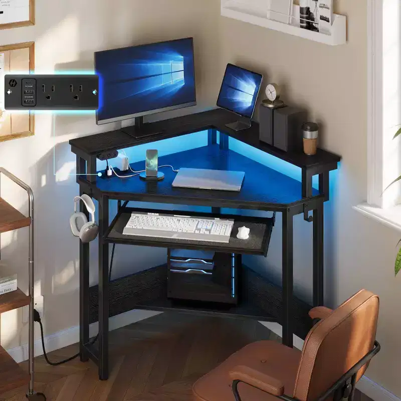 Greenstell Small Corner Computer Desk with Power Socket, LED Light Computer Desk with Monitor Stand, Keyboard Tray and Headphone Holder