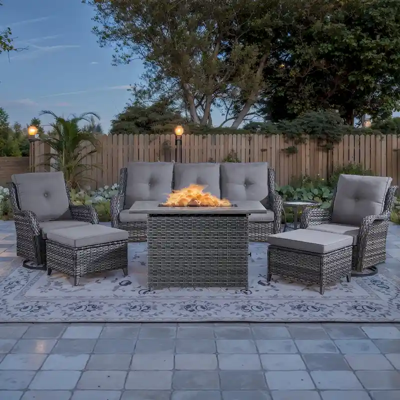 Outside Sofa with Swivel Chair Ottomans Fire Pit Table - Grey