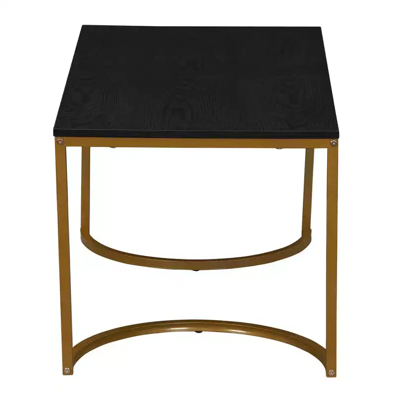 Half Moon Rectangular Coffee Table Black Oak Wood Grain and Gold Metal