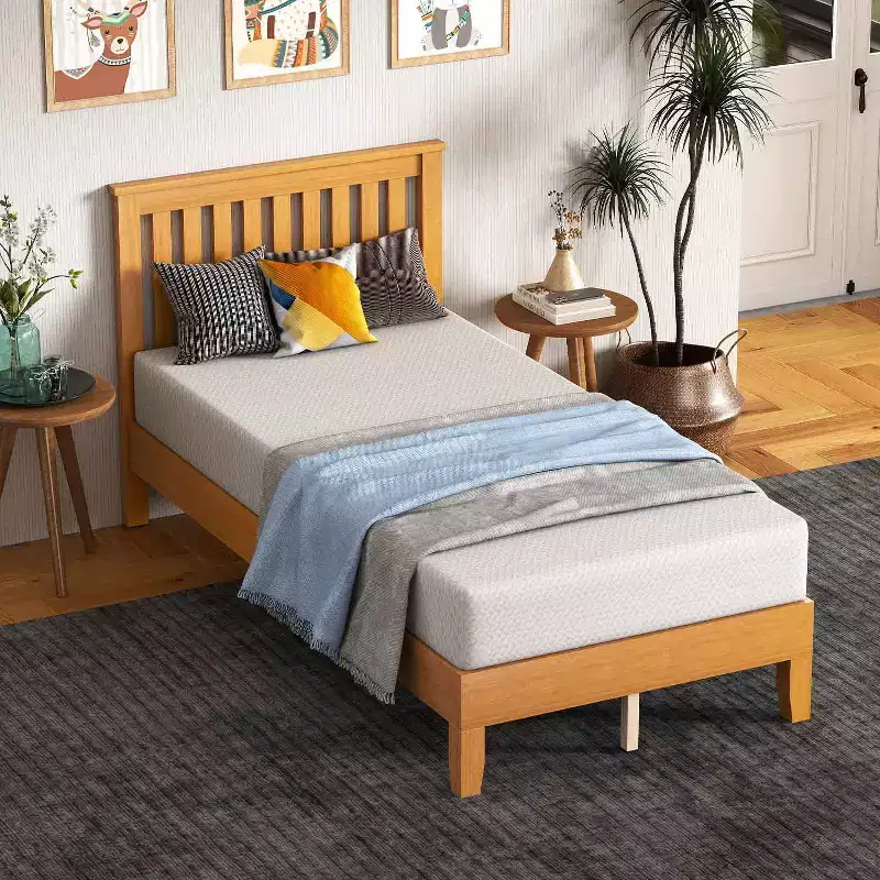 Wood Bed Frame, Solid Wood Mattress Foundation with 14 Slats & Headboard, No Box Spring Needed