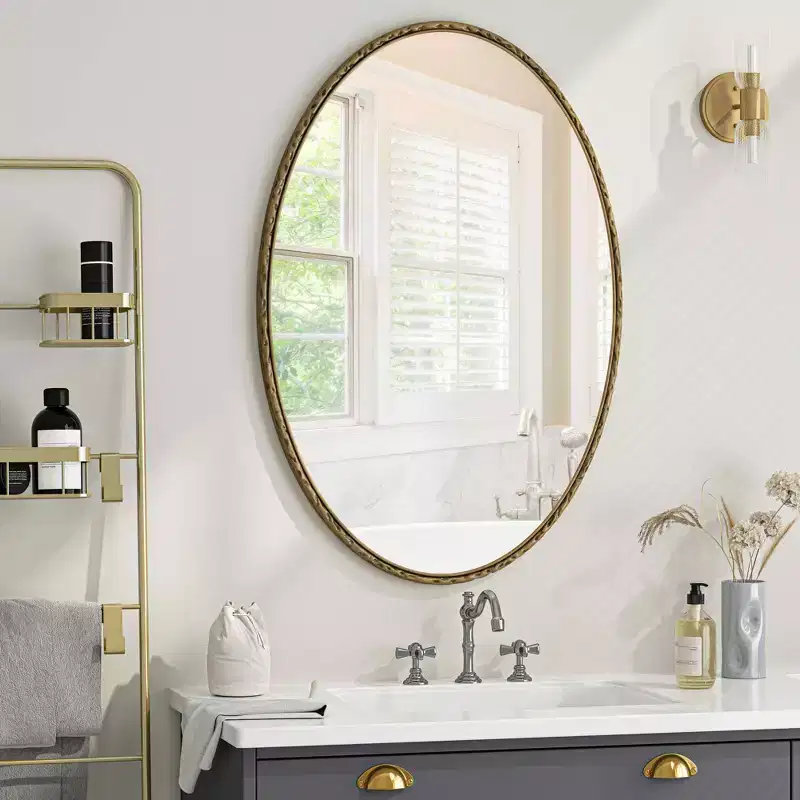 Oval Retro Wall Mirror – Antique Gold Iron Frame, 39