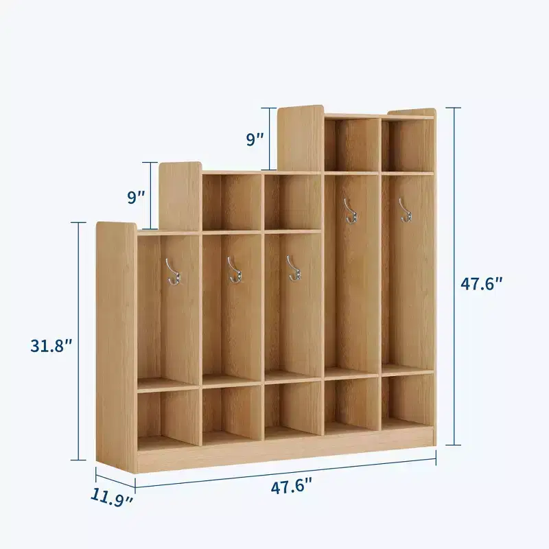5 Section Classroom Coat Locker with 9 Cubbies, Wooden Cubby Storage Organizer with 10 Hooks, Classroom Cubbies for Home, Office, School,Gym