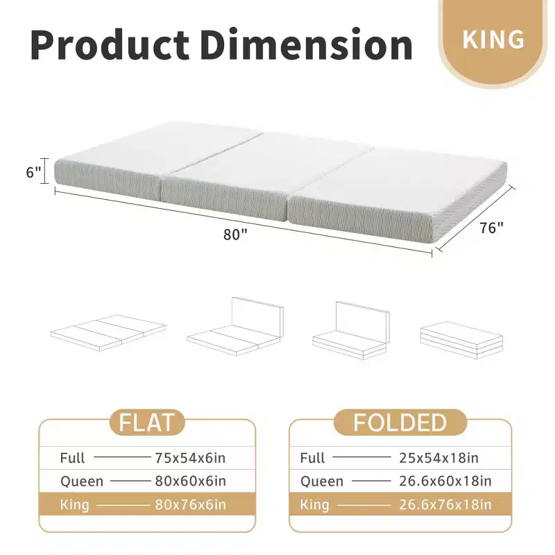 6 Thick Tri-fold Mattress Memory Foam Folding Mattress Firm Support Easy Fold with Storage Bag Portable Guest Bed,Camping,Travel,Pet